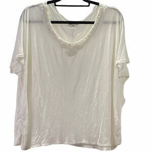 Mel & Mo Stretchy Semi Sheer White Top with Beaded Opalescent Neckline 2X